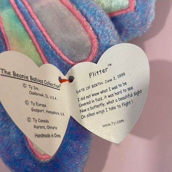 Vintage Ty Beanie Baby Flitter the Pink & Purple Butterfly 1999 EUC NWT 8” long - Picture 9 of 9